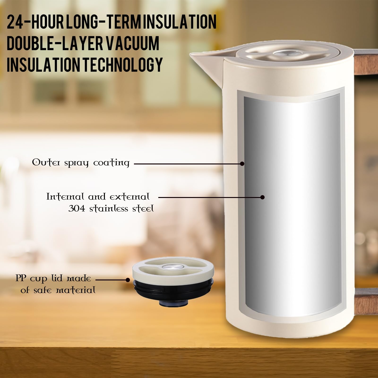 Pichet Isotherme Thermos, Carafe à Café Thermique Acier Inoxydable, Avec Poignée En Bois Et Bouton-poussoir De Sécurité Simple, Pour La Maison, L'hôtel, Le Bureau (Beige,1L)