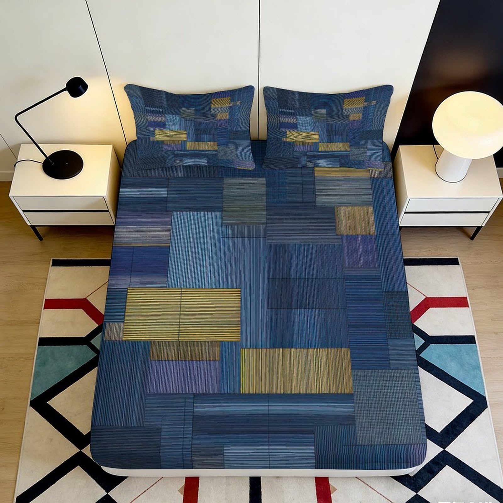 3D Printed Geometric Blue Patchwork Fitted Sheet Microfiber Soft Breathable Abstract Mattress Cover for Bedroom Dorm Mattress Protection Decor 180x200x25cm