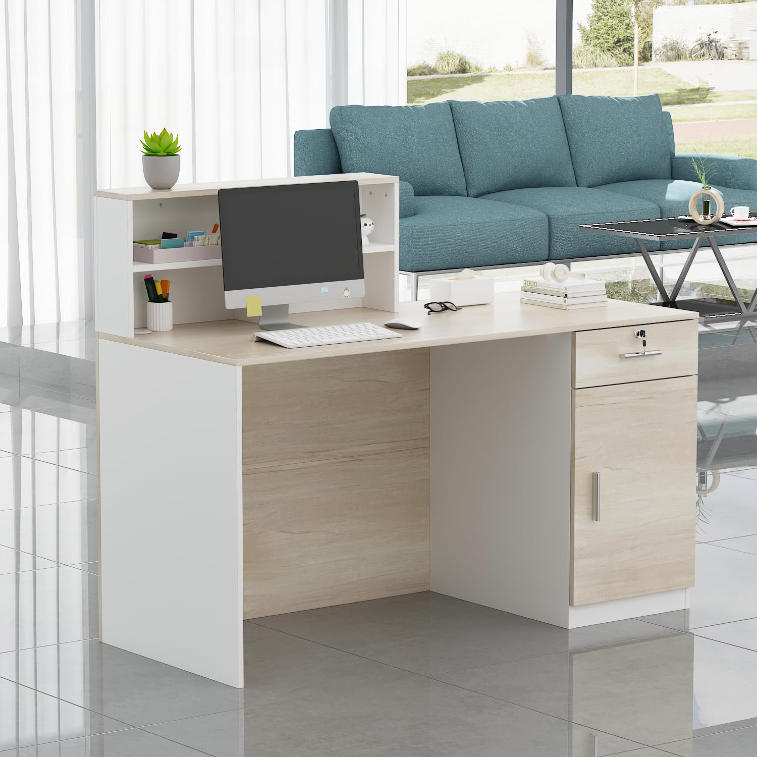 Mostrador de Recepción Grande Con Compartimentos Abiertos - Mesa de Recepción, Muebles de Oficina, Color Madera y Blanco