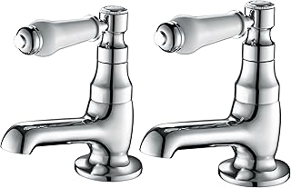 Hapilife Basin Pillar Taps Pair Mixers Victorian Traditional Twin Bathroom Sink Tap White Ceramic Lever Two Cloakroom Tap Chrome 2 Holes Mono Hot and Cold Water G1/2’’