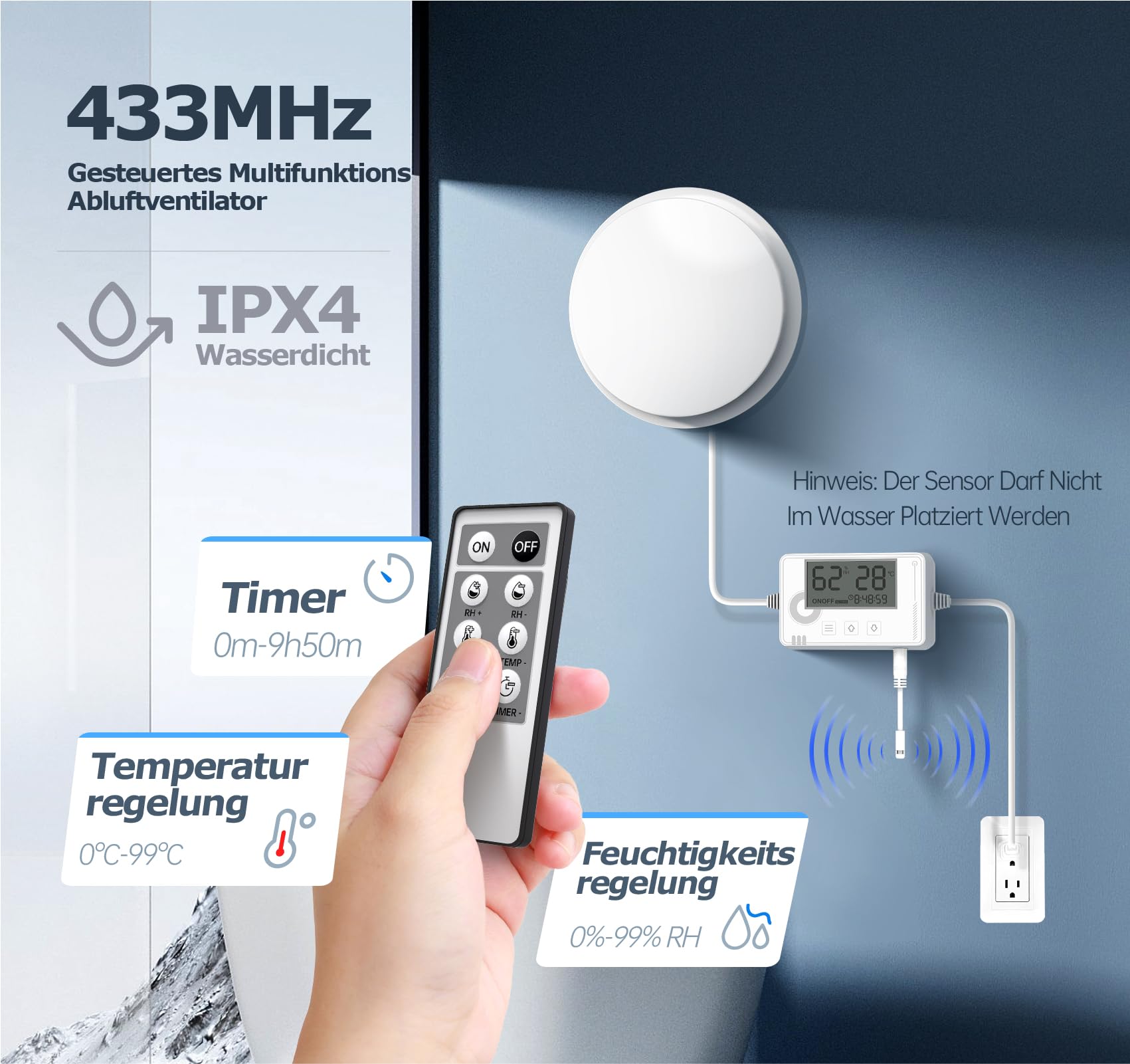 Badlüfter mit Feuchtigkeitssensor Temperatursensor Timer - WC Lüfter 100mm mit Fernbedienung, Echtzeit Feuchtigkeit und Temperatur, Stark Lüftung und Leise Abluftventilator 100mm for Bad P119