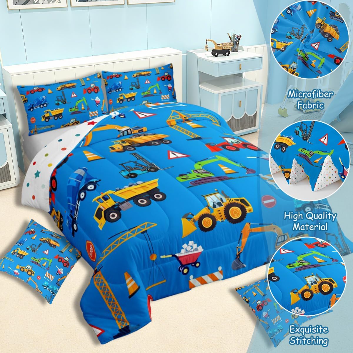 Feelyou Construction Comforter Set Boys Twin Size Blue Excavator Bedding Set with 1 Pillow Cases Kids Trucks Comforter Microfiber Construction Car Bedroom Decor Duvet Quilt Breathable Soft - Image 3