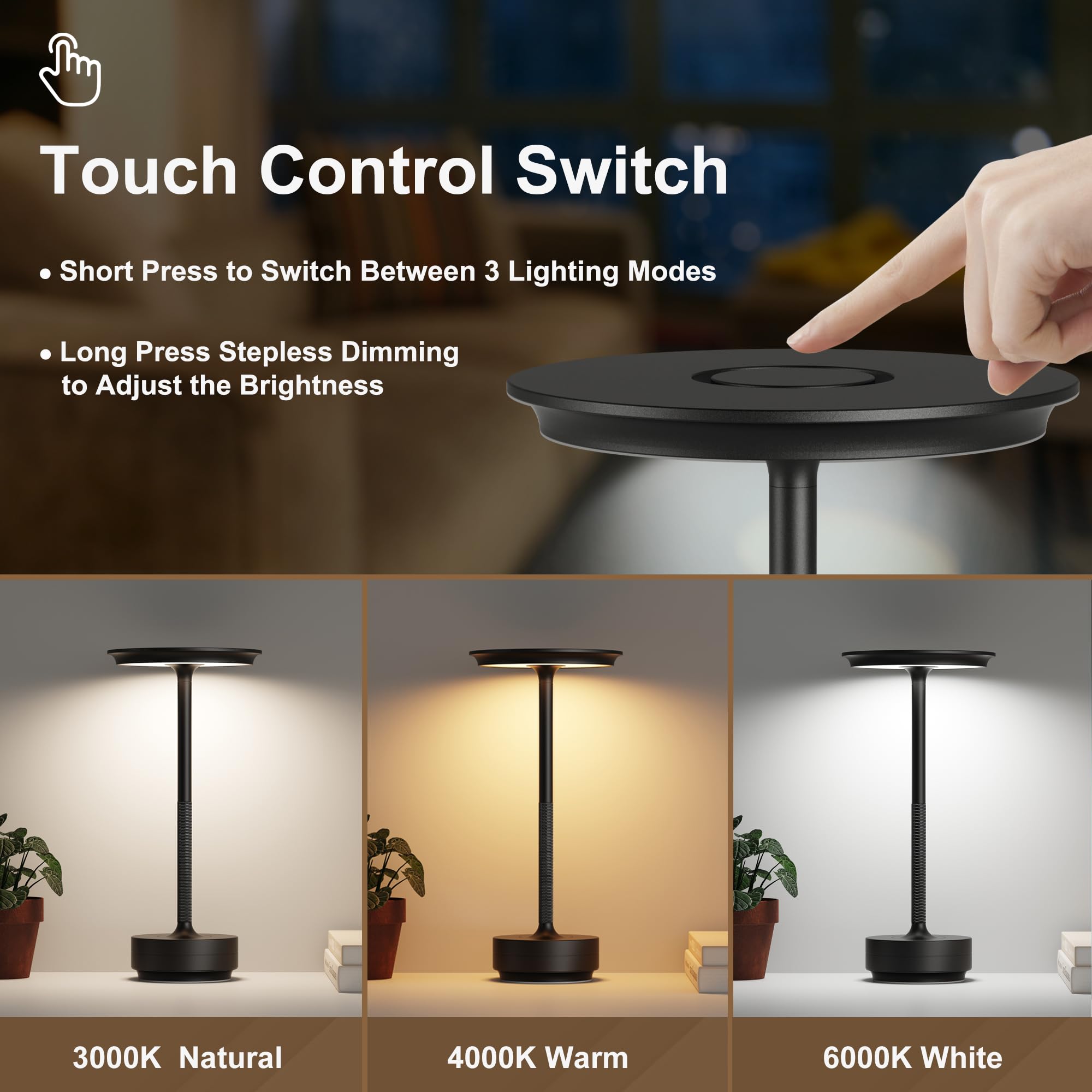 2 Stück schnurlose Tischlampen, wiederaufladbare Tischlampe, batteriebetriebene Lampe, LED, tragbar, wiederaufladbar, für den Außenbereich, batteriebetriebene Lampe für Nachttisch, Bar, Büro
