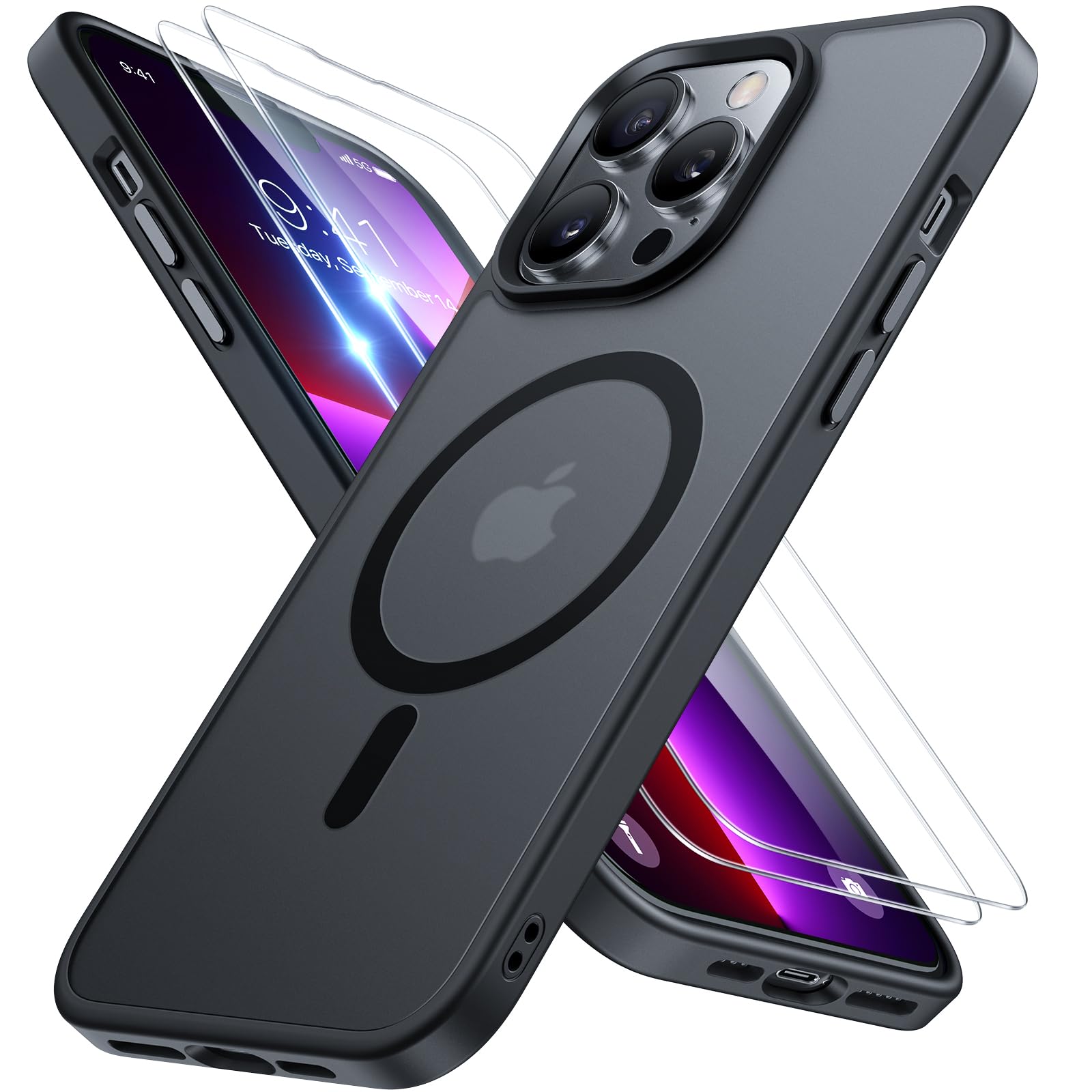 Miracase Magnetic for iPhone 13 Pro Case 6.1 inch (Compatible with MagSafe)with 2X Screen Protectors Military-Grade Protection, Anti-Fingerprint Translucent Matte Phone Case Cover, Black iPhone 13 Pro Black