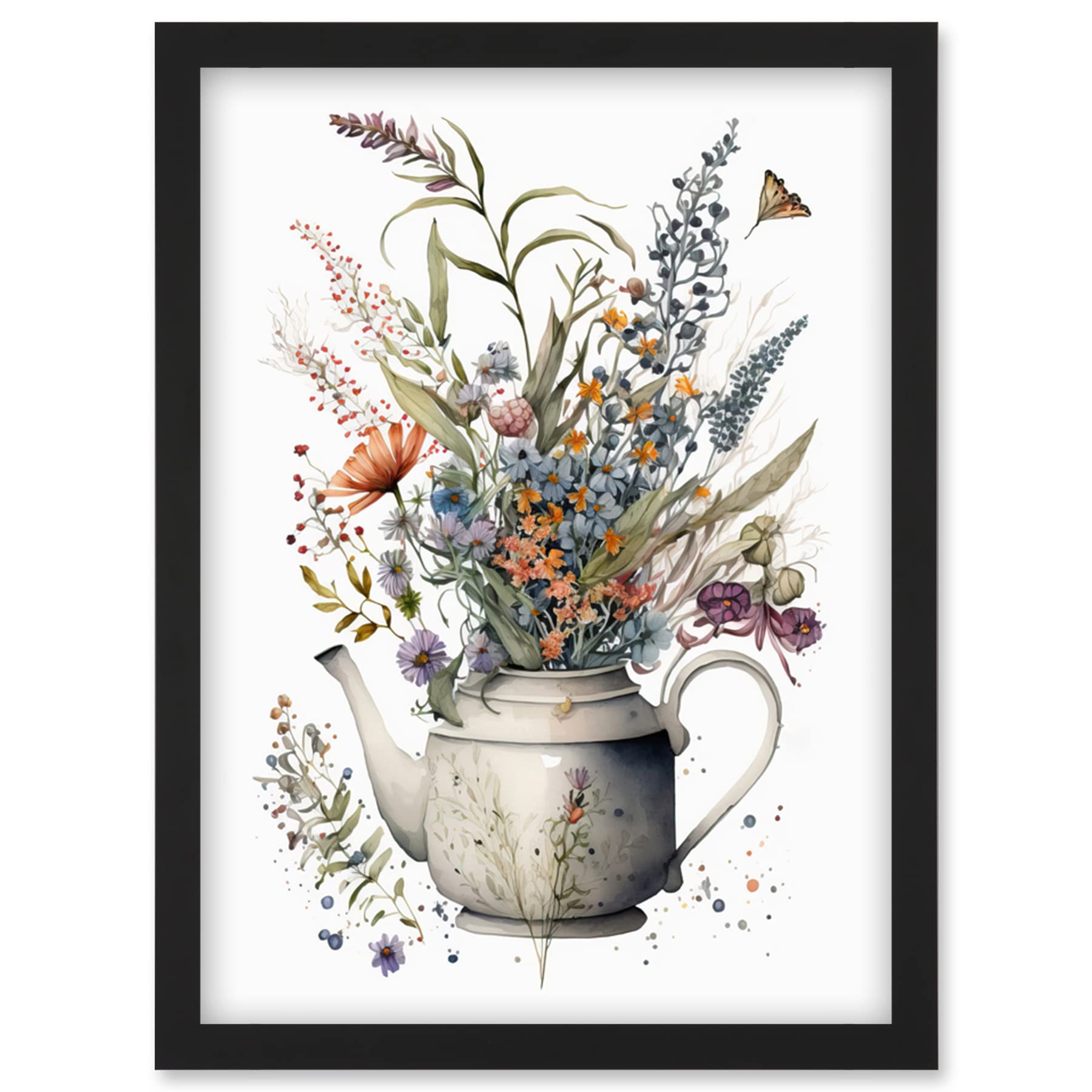 Spring Wildflower Bouquet in White Ceramic Teapot Framed Art Picture Print A4