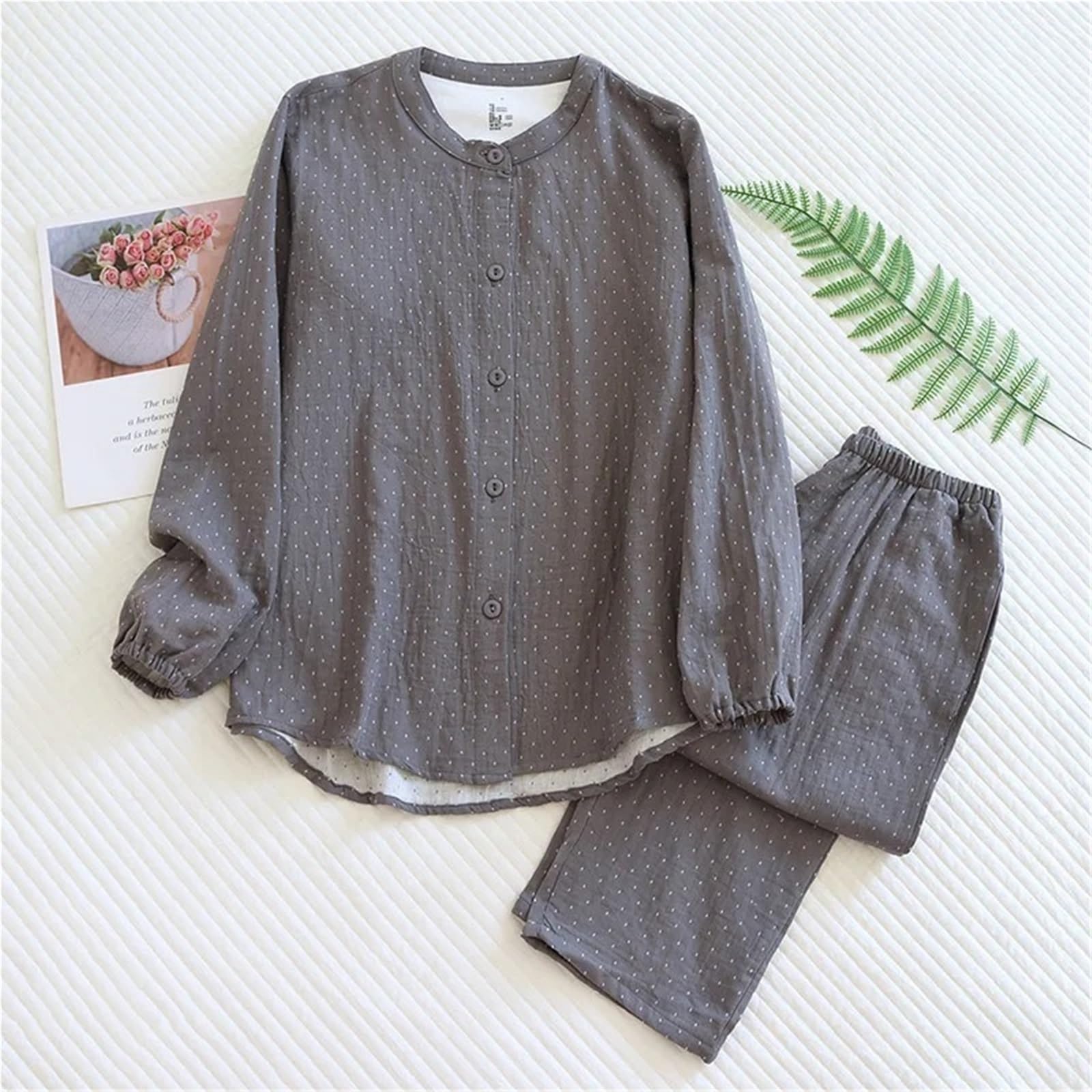 Conjuntos de Pijama Lunares algodón for Mujer, Pantalones Manga Larga Gasa teñida con Hilo, Ropa Dormir Informal Sencilla, Cuello Redondo para Descanso en casa