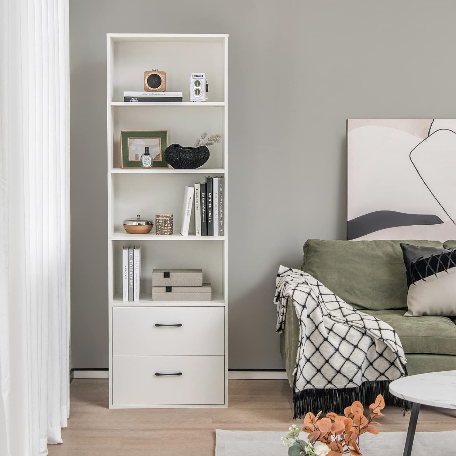 4-Tiers Bookcase, 74” Tall Book Shelf Craft Storage Cabinet with 2 Slide Drawers & 4 Open Shelves, Modern Wood Craft Book Shelf for Bedroom, Living Room (White)