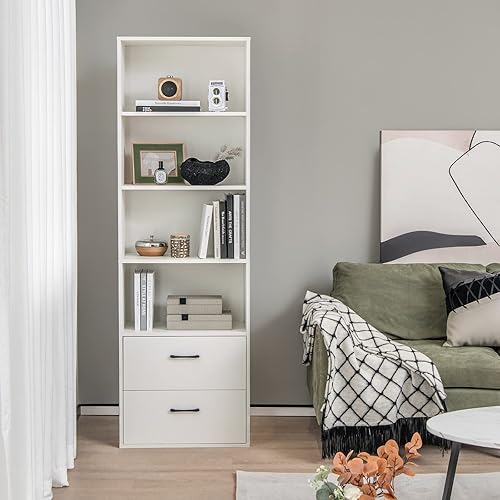 Miniatura 5 de LOKO Estantería de 74 pulgadas de alto, gabinete de almacenamiento alto moderno de 6 niveles con 2 cajones y 4 estantes abiertos, estantería de