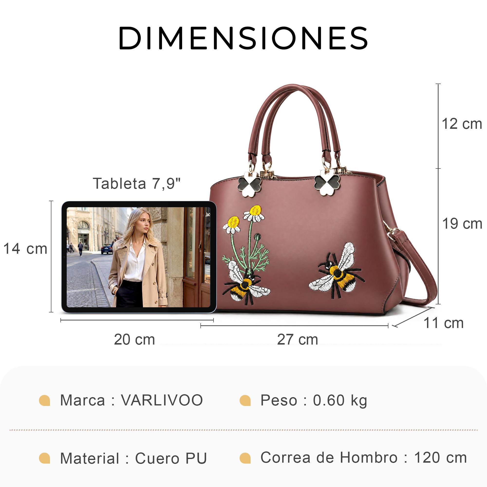 VARLIVOO Elegante Bolsos para Mujer Bolsos de Mano Bolsos Mujer Bolso de Hombro Bordado Totes para Mujer Bolso Señoras Trabajo Viaje Compras PU Cuero Rosa B