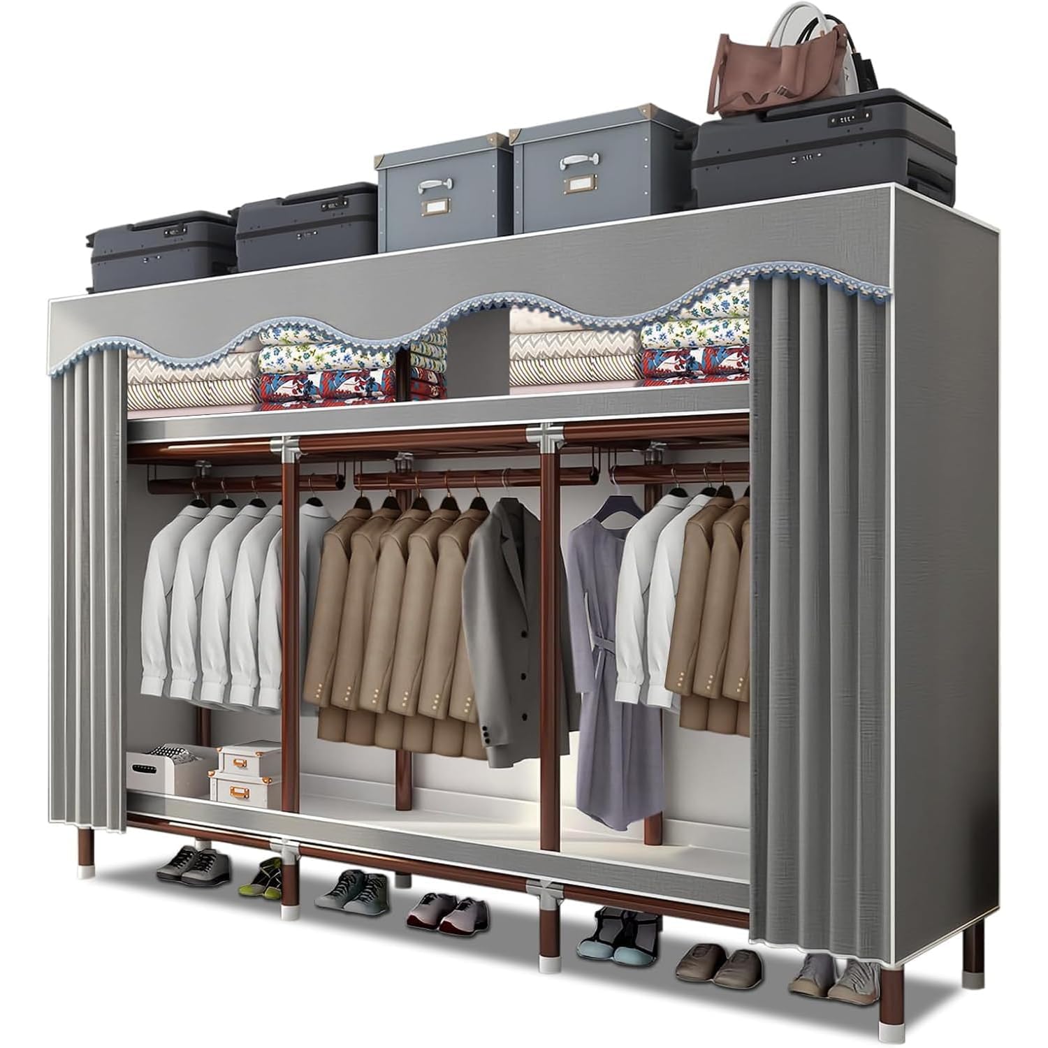 Kleiderschrank, Faltschrank Stoffschrank Stabil mit Dicker Satinstoff, 200x46x170 cm Schlafzimmerschrank mit Kleiderstange, Mobiler Kleiderschrank, Kleiderständer aus Metall, Freistehender