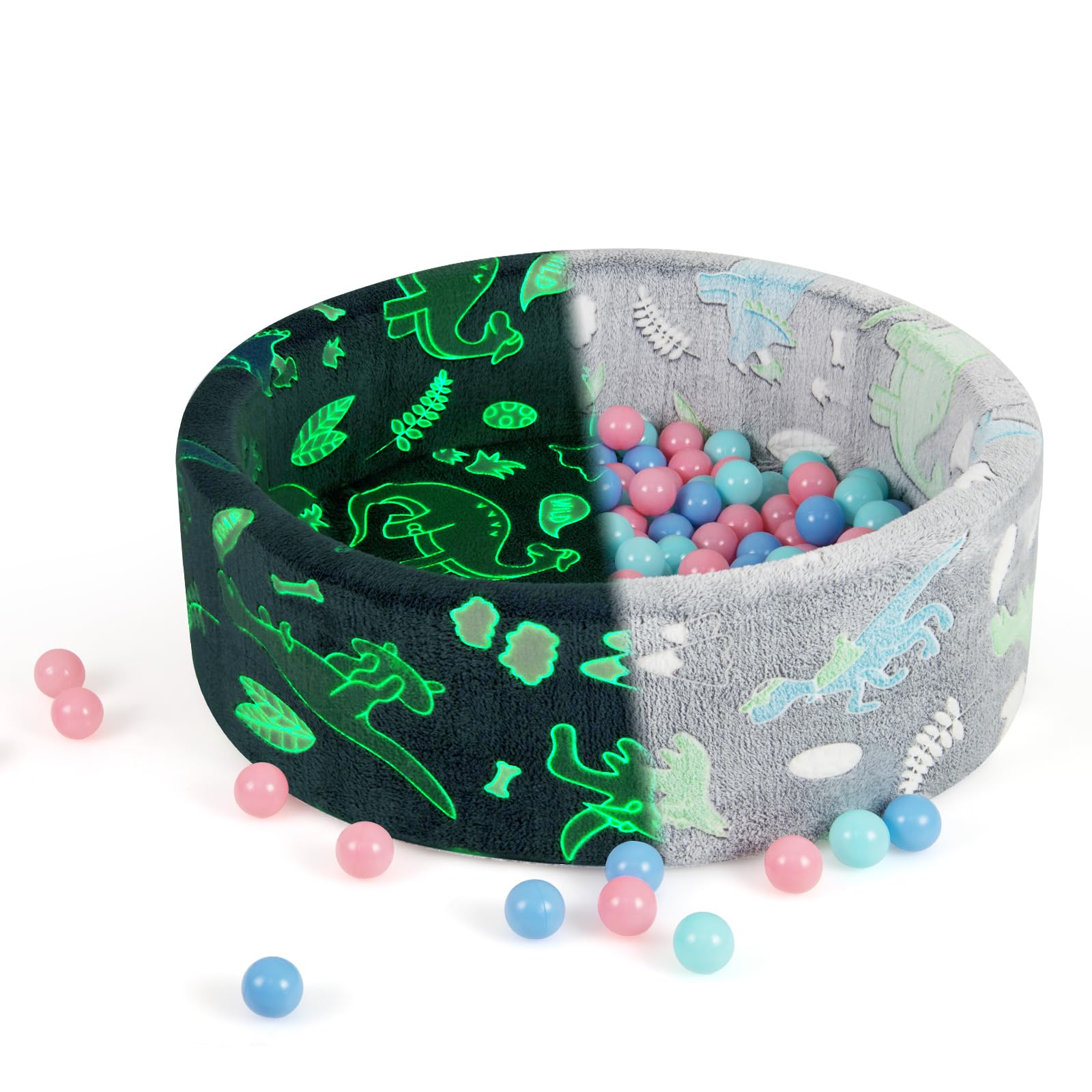 COSTWAY Foam Ball Pit, 90 x 30cm Glow in the Dark Round Balls Pool with 200 Colorful Ocean Balls, Removable Cover, Soft Baby Playpen for Indoor Outdoor (Dinosaur)