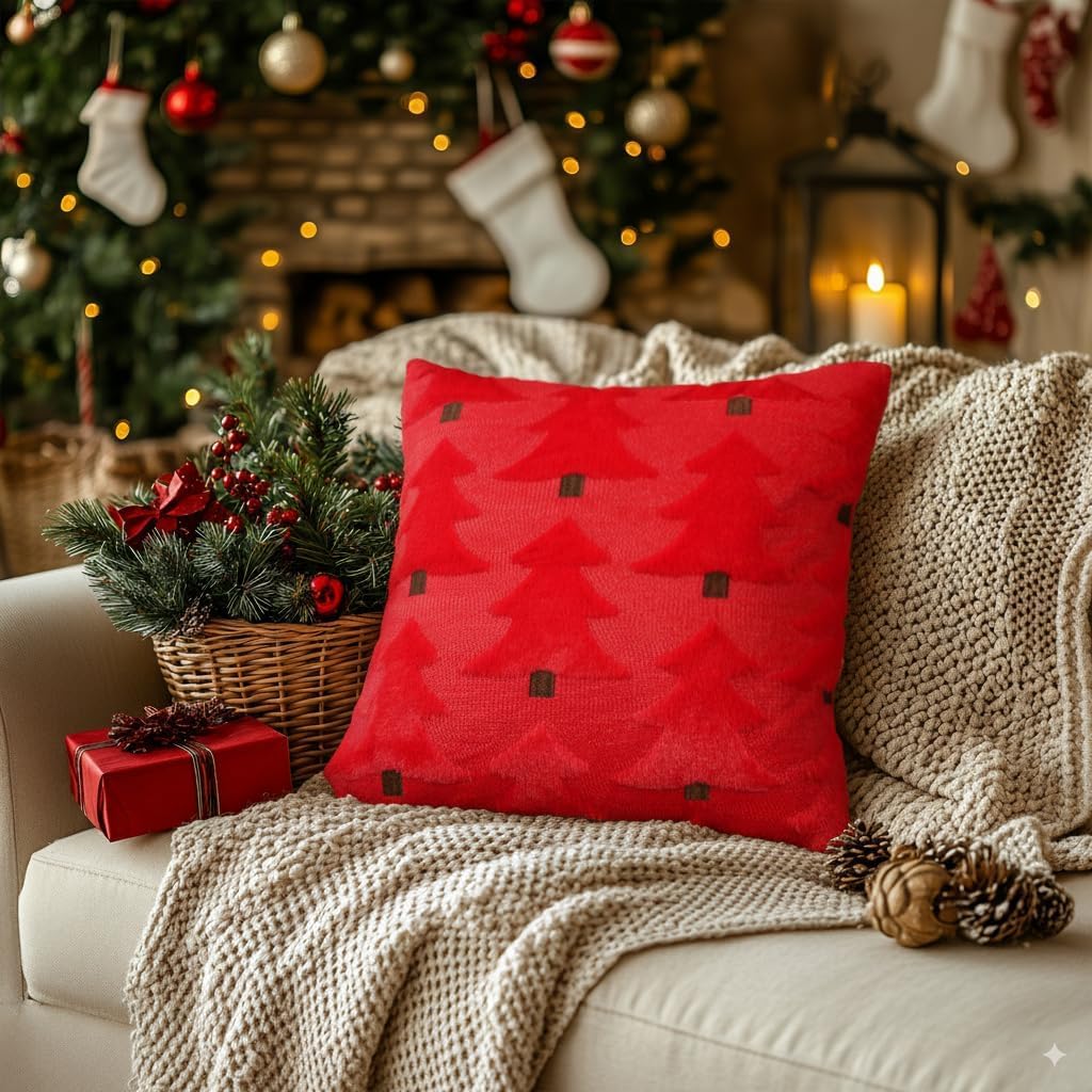 GEEORY Christmas Pillow Covers 22x22 Inch Set of 2, Christmas Decorations Xmas Tree Soft Plush Fluffy Faux Fur Decorative Throw Pillows Farmhouse Winter Cushion Case Red Brown GC035-22
