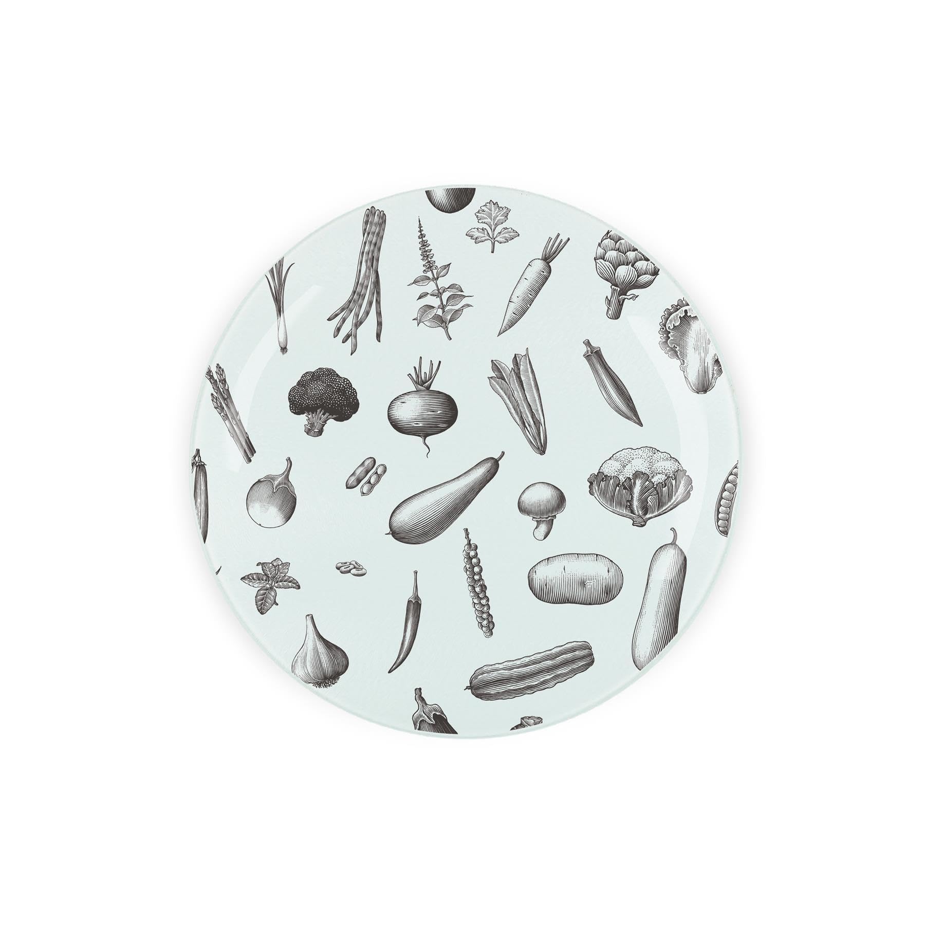 Vegetables Round Glass Trivet - Black & White Kitchen Gift - Textured Chopping/Cutting Board Worktop Protector with Non-Slip Feet 20cm x 20cm (8" x 8")