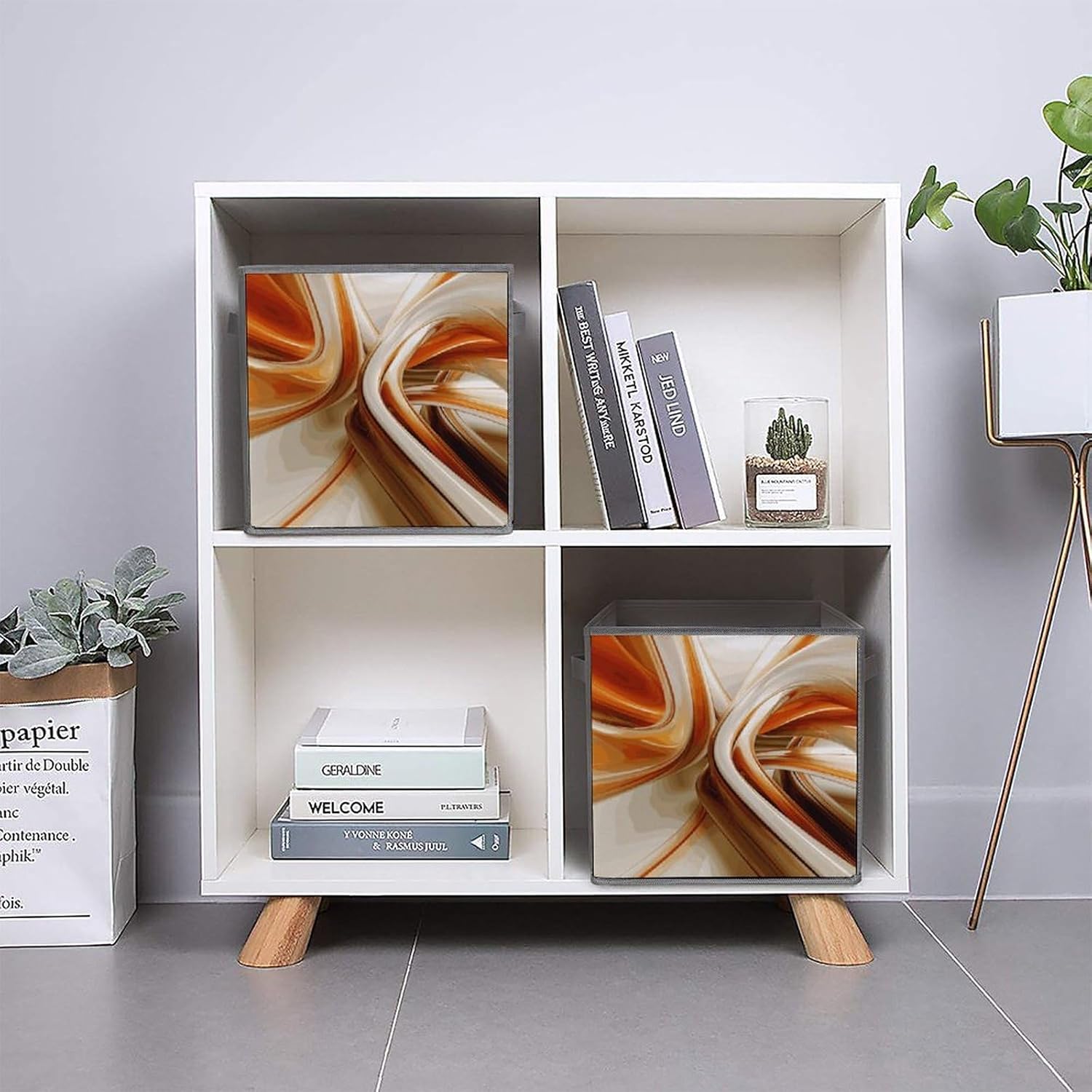 Orange White Lines Storage Cubes Set of 6 Storage Bins with Handles Collapsible Storage Basket Fabric Storage Box for Shelves Large Closet Shelf Organizer for Organization 11 Inch
