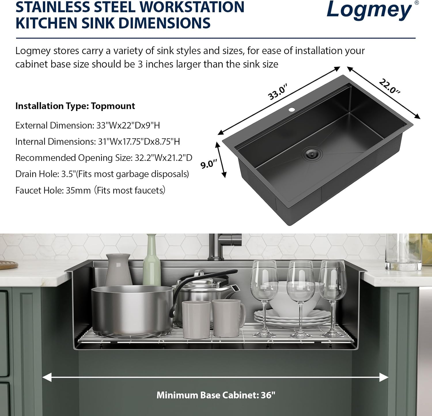 Logmey 33x22 Black Drop in Kitchen Sink 33" Topmount Kitchen Sink Workstation SUS304 16 Gauge Stainless Steel Handmade Single Bowl Top Mount Gunmetal Black Sinks,33x22x9