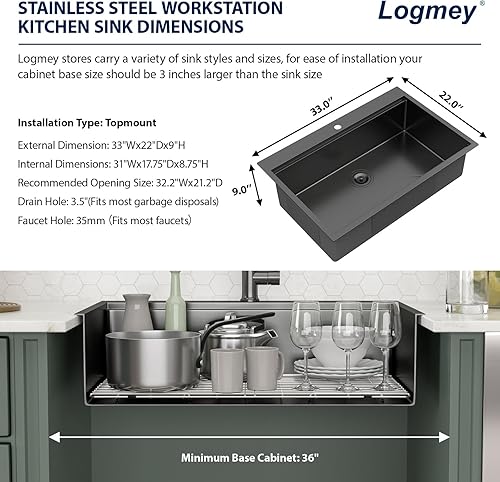 Miniatura 7 de Logmey Fregadero de cocina negro de 33 x 22 pulgadas, estación de trabajo SUS304, calibre 16, acero inoxidable, cuenco individual, montaje superior,