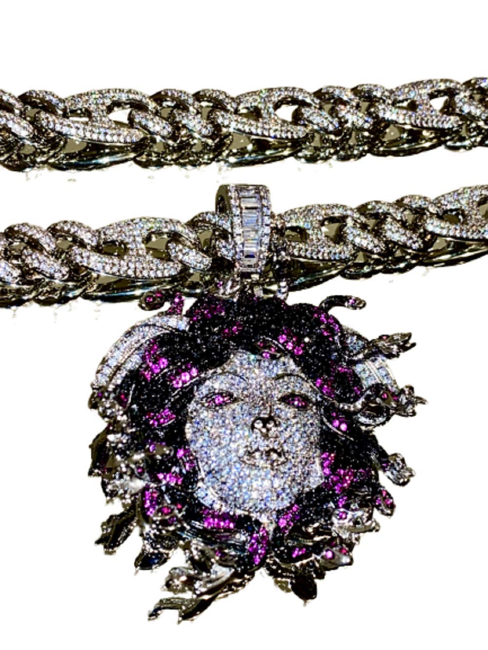Mens 14k White Gold Finish 12mm Miami Cuban Link Choker Snake Greek God Medusa Head Necklace Iced Pr
