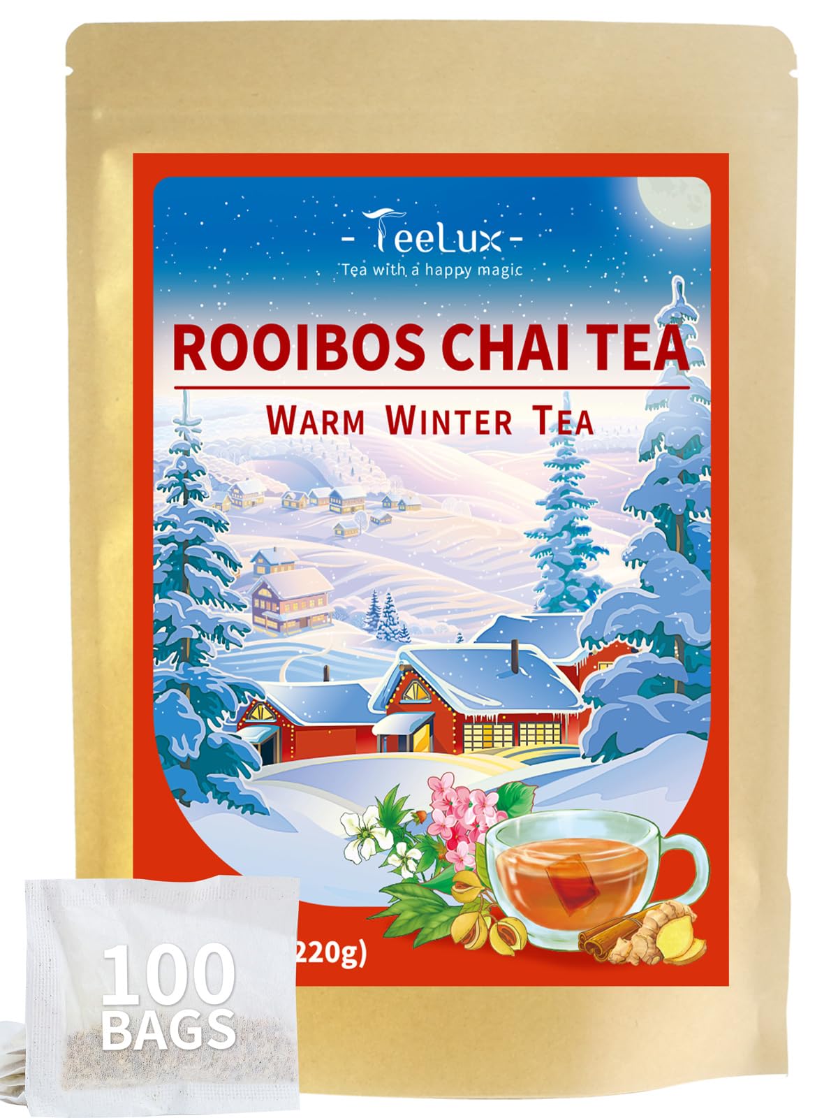TeeLux Rooibos Chai Tea Bags 100 Count, Vegan, Rooibos Tea with Cinnamon, Clove, Cardamon, Caffeine Free Herbal Tea, Biodegradable Tea Bags