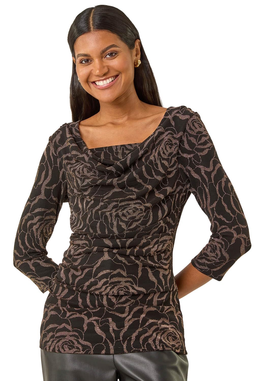 Roman Women's Jacquard Cowl Neck Stretch Top in Bronze | Size: 20