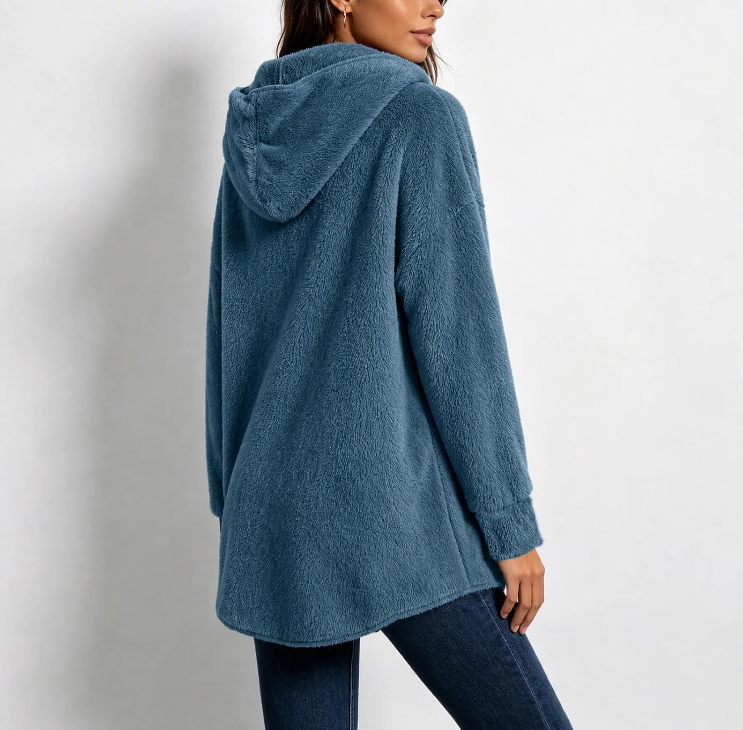 Women's Fleece Cardigan Hooded Open Front Classic Longline Jacket