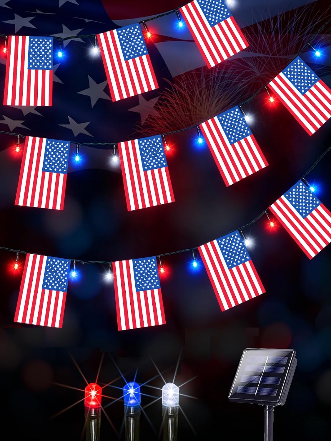 4th of July Decorations 50 LED Solar American Flag String Lights Outdoor | 25 USA Flags, 8 Modes, Memory Function, Auto On/Off, 18.8FT Waterproof Twinkle Lights for 250th Anniversary Patriotic Decor