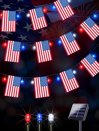 4th of July Decorations 50 LED Solar American Flag String Lights Outdoor