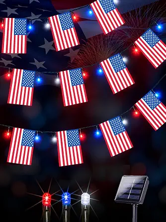 4th of July Decorations Solar American Flag Lights Outdoor with 8 Modes 18.8FT 25 USA Flags & 50 Red White and Blue LEDs Patriotic String Lights Waterproof