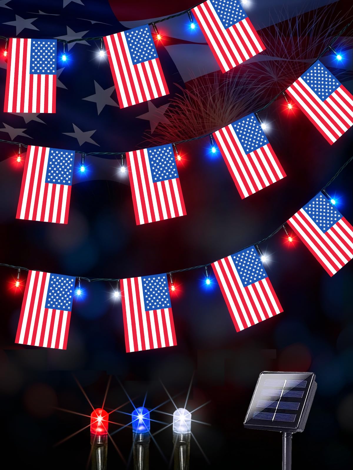 Photo 1 of 4th of July Decorations 50 LED Solar American Flag String Lights Outdoor