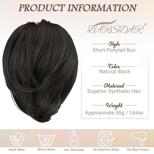 Miniatura 4 de BARSDAR Extensiones de moño de cabello lacio, extensiones de moño de cola de caballo negro corto para mujer, extensiones de cabello sintético