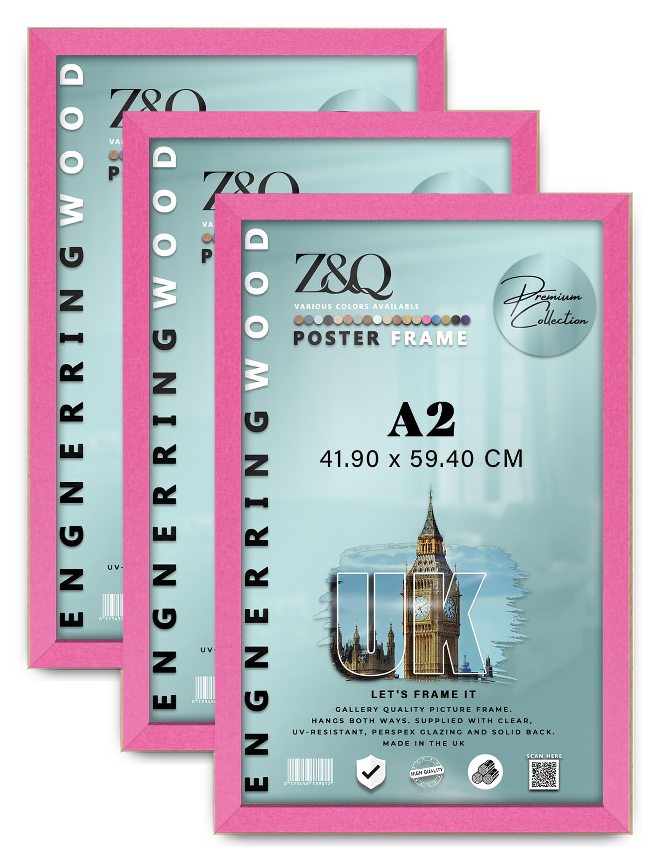 Z&Q Pack of 3 MDF Wood Finish A2 (41.90 x 59.40 CM) Poster/Picture Frame | for Art Gallery, Room Wall Decor 23 x 16 Inch Portrait/Landscape Display [ Pink ] — image 1