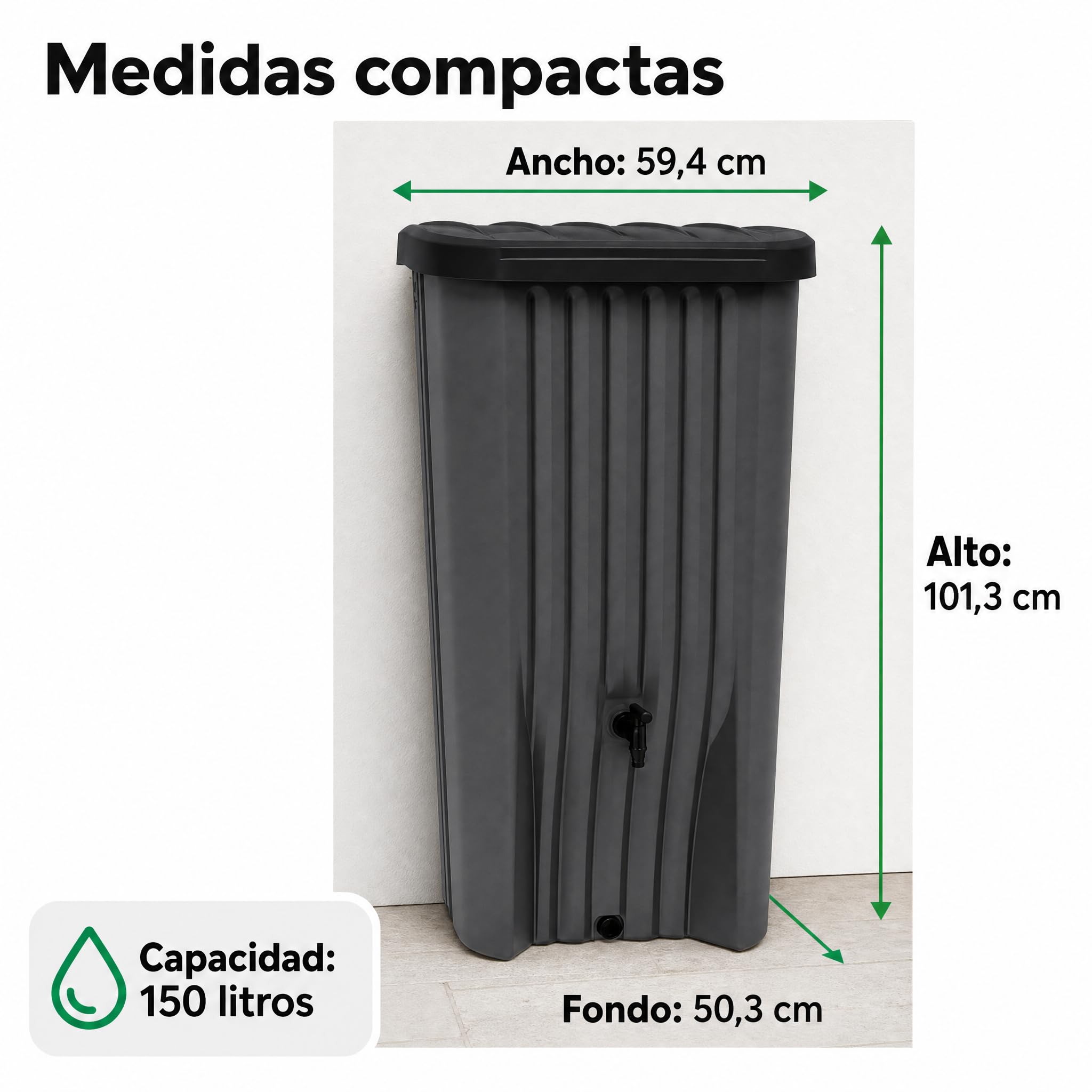 YourCasa Depósito Agua Lluvia 150 L, Estrecho con Grifo, Antracita | Recolector de agua de lluvia compacto para jardín, terraza y balcón; plástico resistente UV, fabricado en Francia