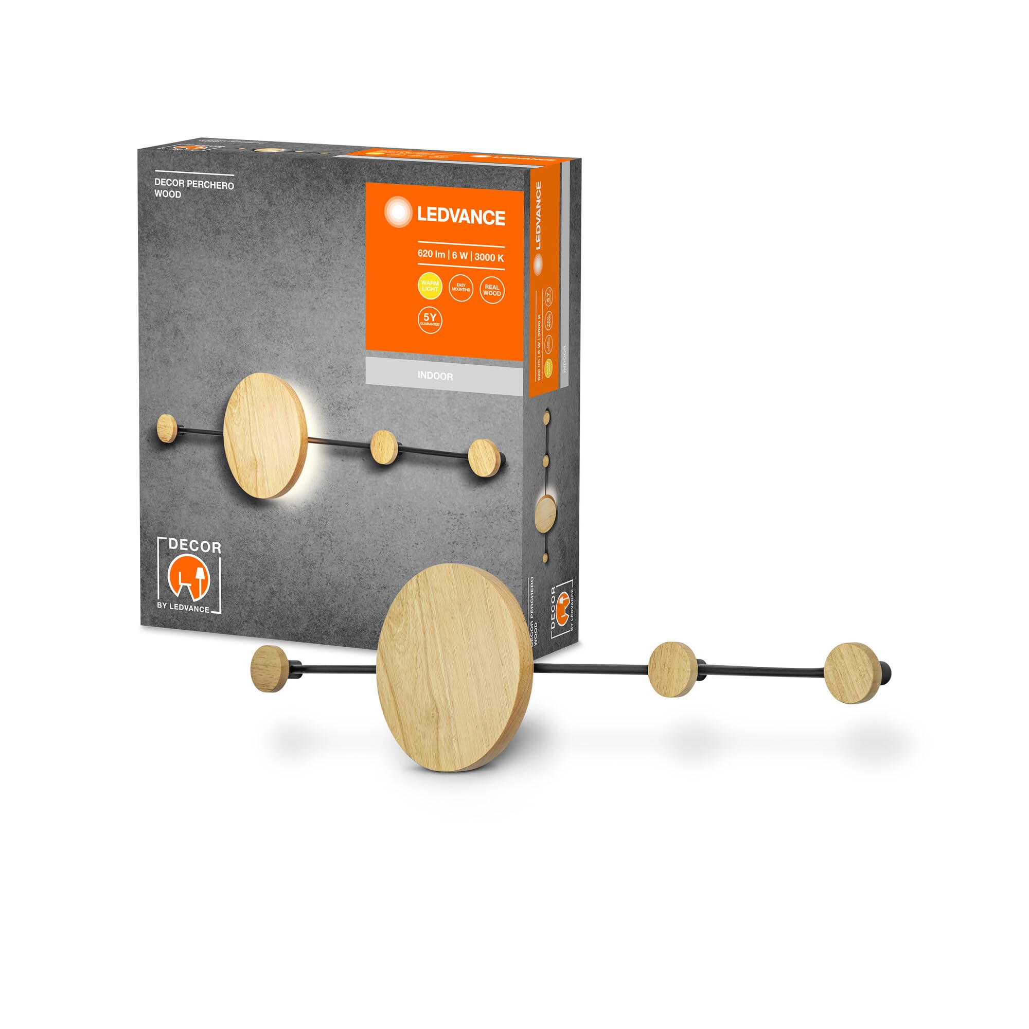 LEDVANCE DECOR Perchero gancio appendiabiti, 800mm, nero/legno, uso combinato di appendiabiti e luce, modulo LED integrato con colore della luce bianco caldo (3000K), grado di protezione IP20