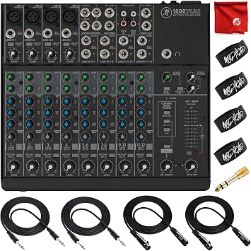 Mackie 1202VLZ4 12-Channel Compact Mixer Bundle with 2x Mophead 10-Foot TRS Cable, 2x 10-Foot XLR Cable, 1/4 to 3.5mm Adapter, 4x Cable Ties and Microfiber Cloth