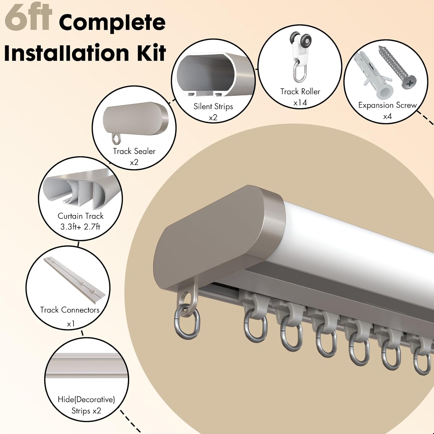 Silent Curtain Track Ceiling Mount 6'/8'/10'/12'/15', Wide 1.8" White Aluminum track Curtains Rail Set, Bedroom/Window/Hotel Drop Ceiling Curtains Tracks (without curtains & hooks) (6ft/183cm)