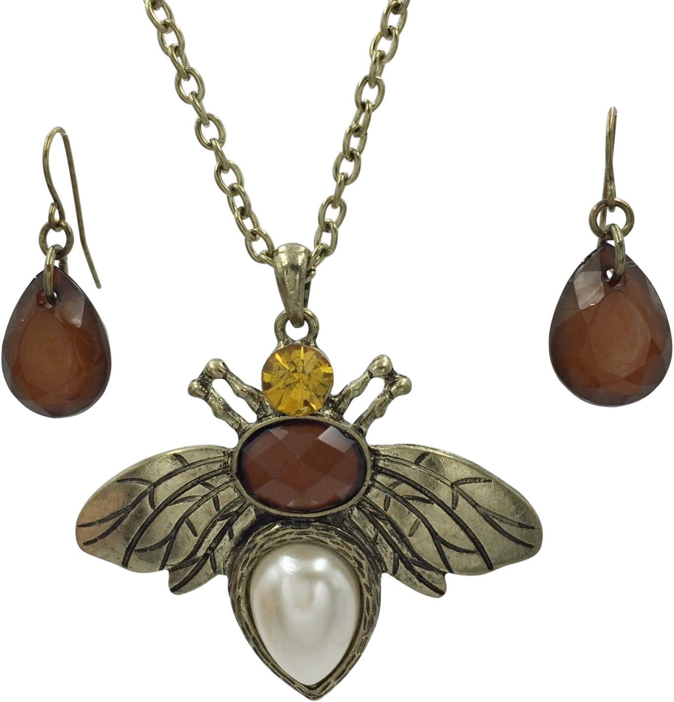 Bumble Bee Gold Tone Simulated Pearl Rhinestone Trendy Necklace Earrings Set