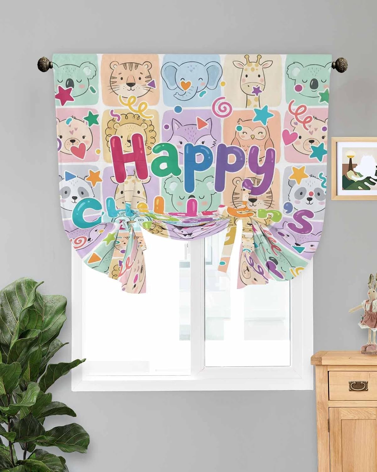 Tie Up Curtains for Windows, Happy Children's Day Adjustable Balloon Nature Linen Textured Kitchen Curtain, Cartoon Curtain Animals Blackout Curtains for Living Room, 46 x 63 Inches
