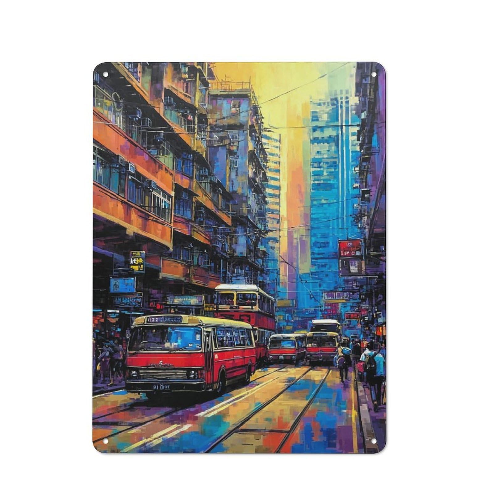 Junmoney Vibrant Cityscape With Retro Buses -1 Tin Wall Plaque 40X30cm With For Home Bar Wall, For Kitchen And Home Bar Decor, For Home Office And Studio Walls
