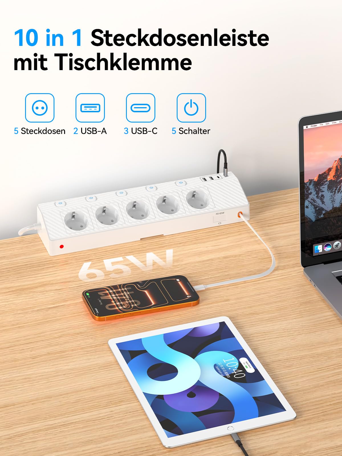 PASSUS - Ciabatta elettrica da tavolo con 2 USB (PD 65 W), 5 prese multiple, con scrivania e protezione da sovratensione, presa angolare 10 in 1 con spina piatta per ufficio/cucina, bianco
