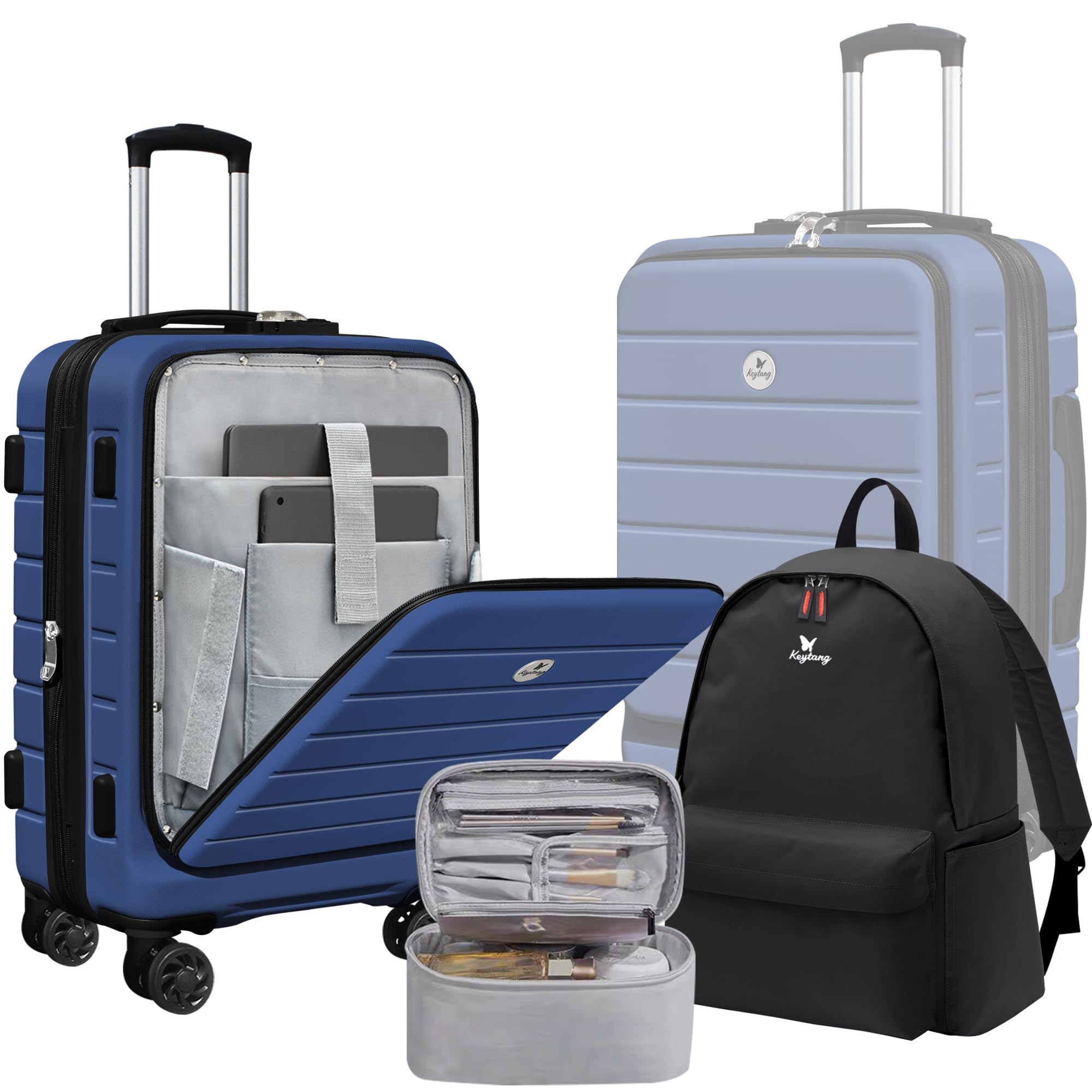 KEYTANG Classic 20" Carry-On with TSA Lock Spinner Wheels, Lightweight Hardside Expandable Suitcase with Front Open Pocket Compartment, Navy Blue