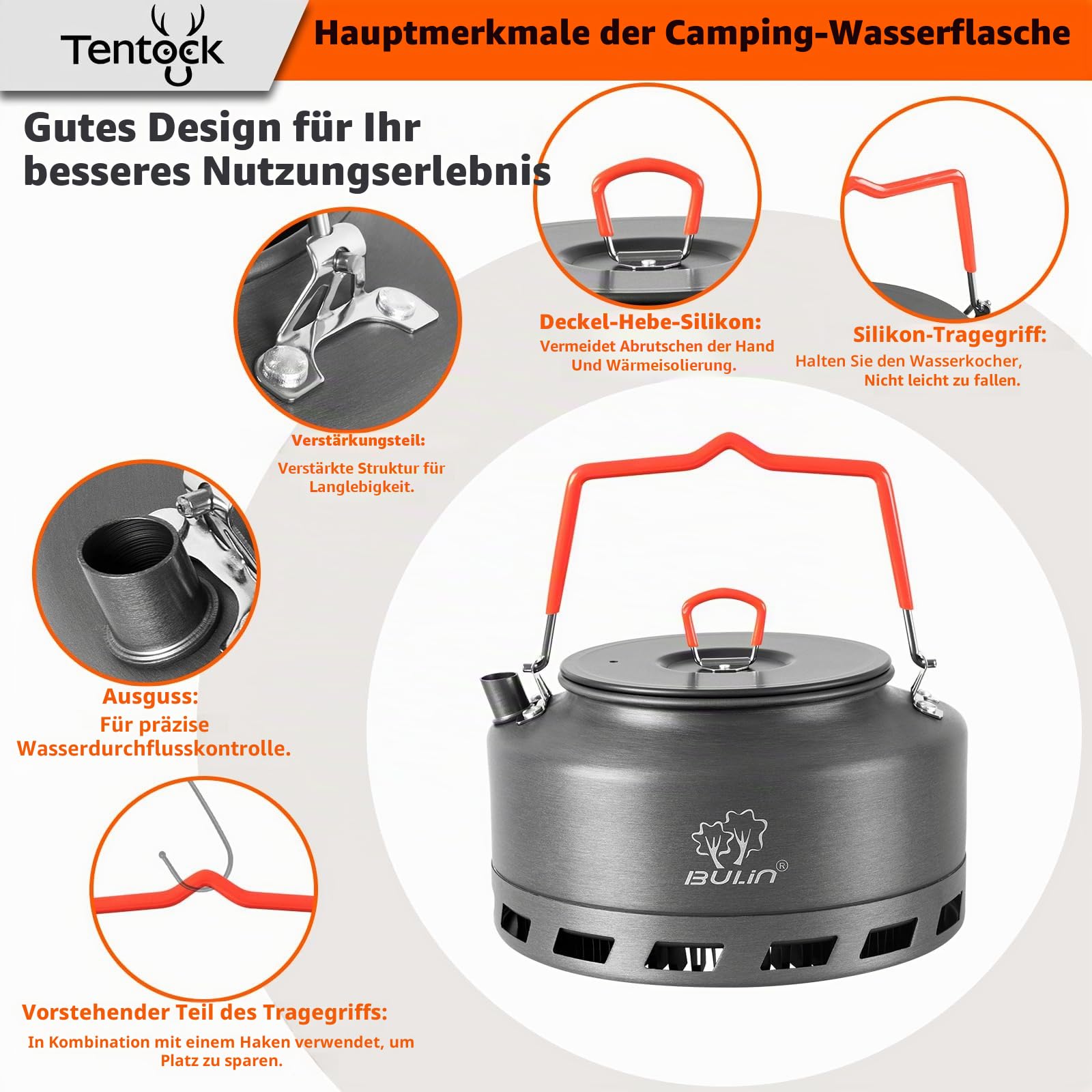 Tentock Wasserkessel Camping 1.1L / 1.6L – Schnelle Heizung mit Wärmetauscher, Energiesparender Aluminium Kessel für Gasherd, Ideal für Outdoor, Reise, Wohnmobil, Picknick – inklusive Netztasche(1.1L)