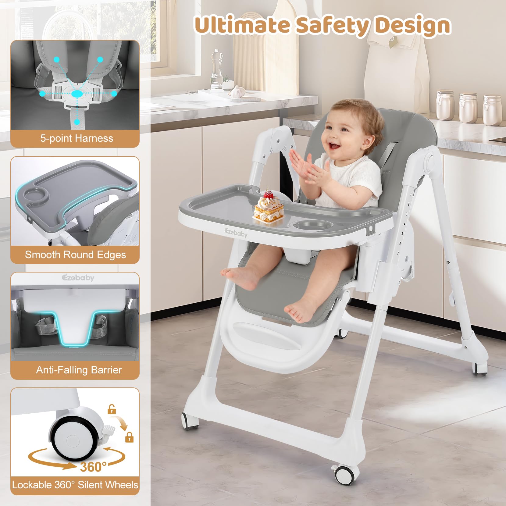 Chaise Haute Bébé Pliable avec Arche de Jeux, Réglable en Hauteur, Siège PU, Roues et Double Plateau, Convertible en Rehausseur