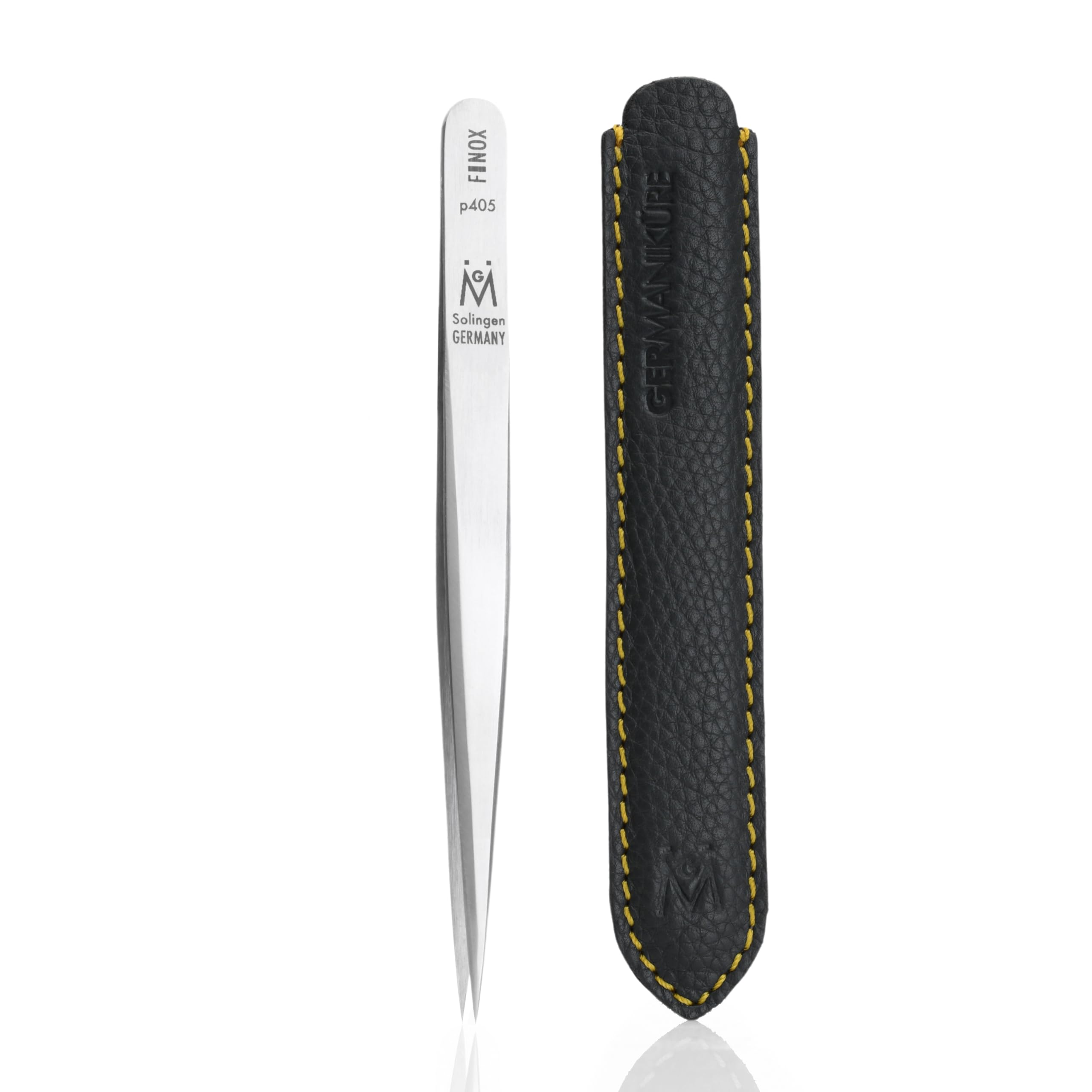 GERMANIKURE Professional Wide Grip Pointed Tweezers - FINOX Stainless Steel Sharp Professional Tweezers in Leather Case - Easy to Use - Ethically Made in Solingen Germany -4405