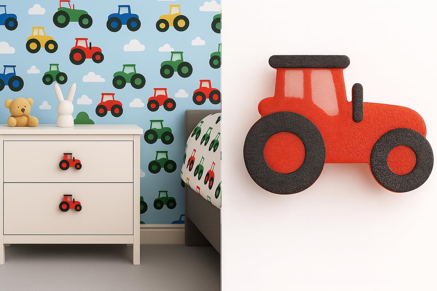 6-Pack Tractor Theme Children’s Door Knobs – Pull Handles for Drawers & Cupboards – Nursery, Playroom, Bedroom Decor (4.3cm x 6.5 cm) RED