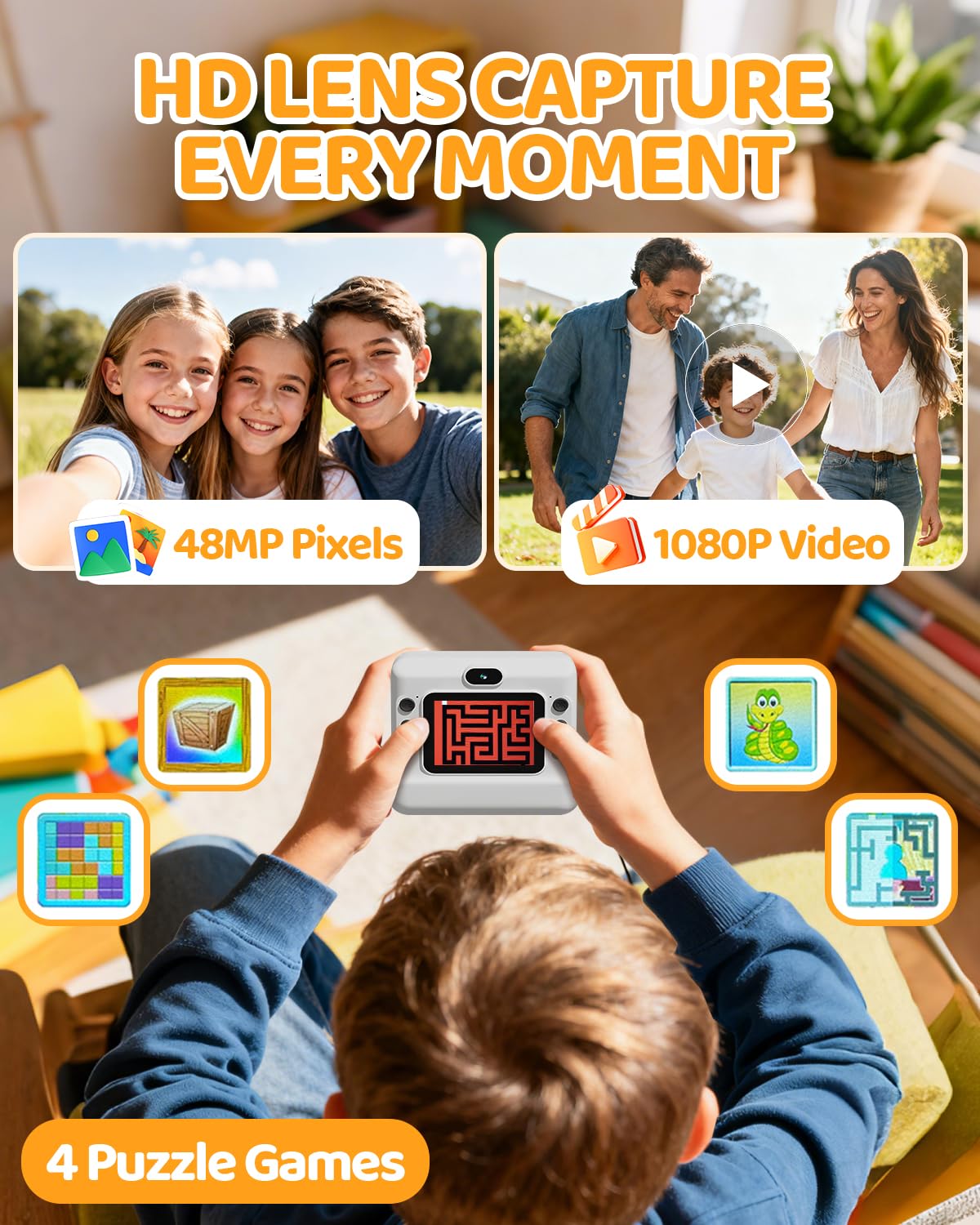 Macchina Fotografica Bambini Istantanea, CalineGam HD 1080P Macchina Fotografica Istantanea con Scheda da 32 GB e 3 Rotoli di Carta, Regalo di Natale per Ragazze Ragazzi dai 3 ai 14 Anni