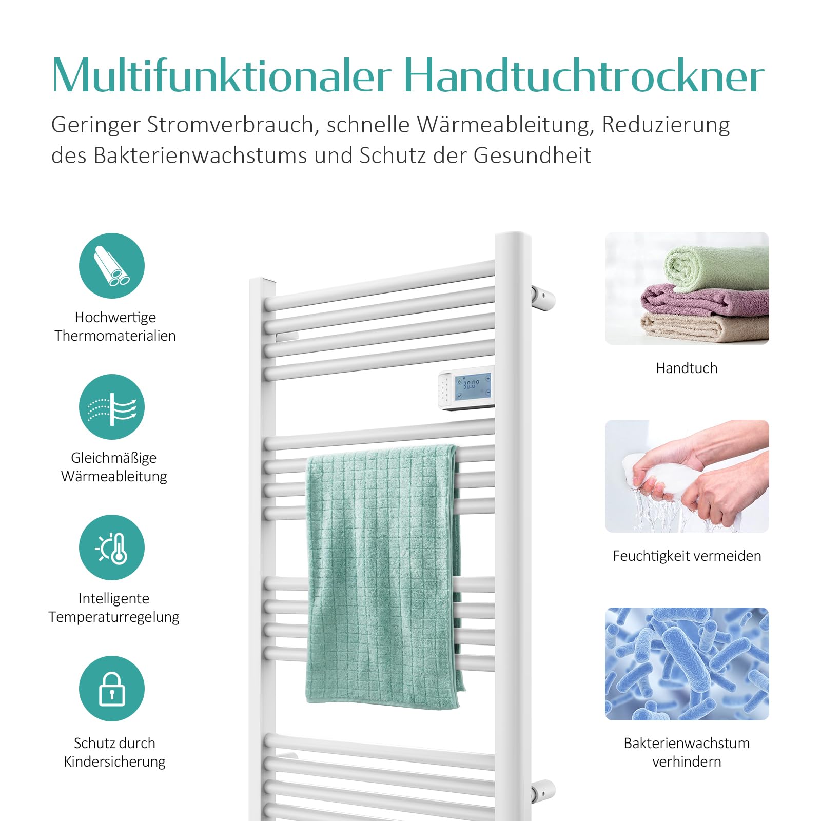 EMKE Radiador eléctrico para toallas de 120 x 40 cm, calefactor de baño, eléctrico con interruptor táctil, temporizador, calentador de toallas, toallero, eléctrico, blanco, 450 W