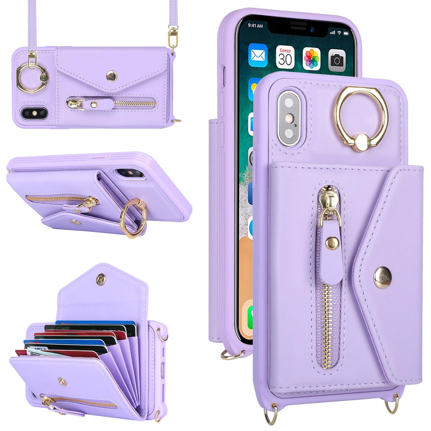 SailorTech iPhone XS Max Case with Zipper Credit Card Holder for Women iPhone XS Max Phone Leather Case Ring Stand with Card Slots Kickstand Wallet Crossbody for iPhone XS Max-Purple - Image 4