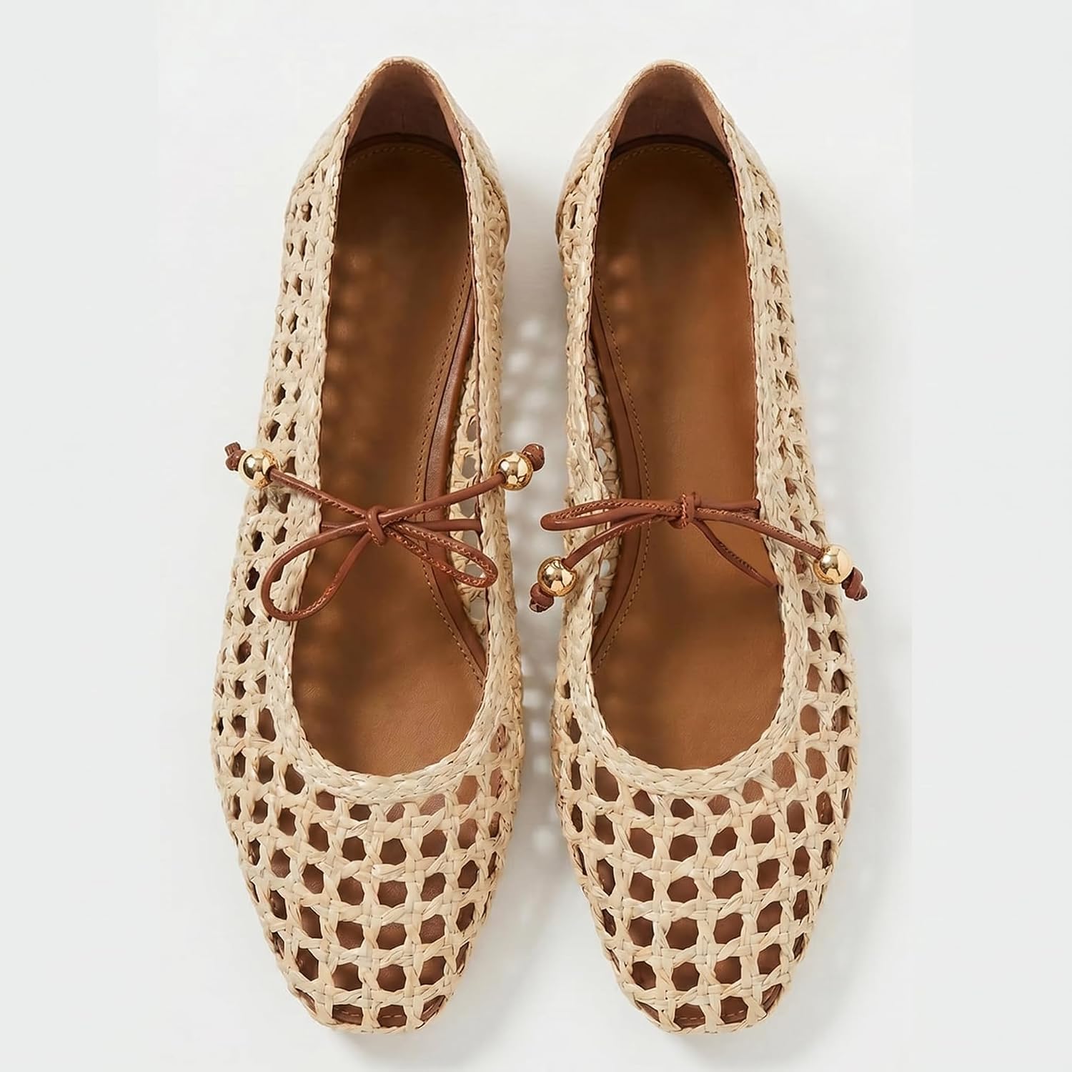 Women Woven Mesh Ballet Flats Raffia Lace up Ballerina Mary Jane Flats Fashion Casual Slip on Shoes