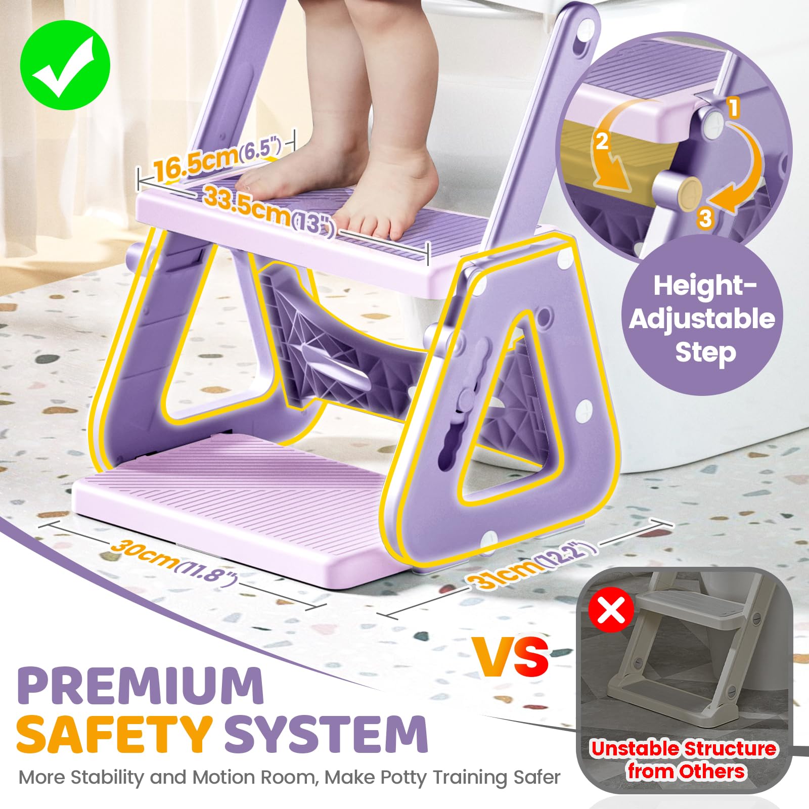 Orzbow Toilettensitz Kinder, Stabil Kinder Toilettensitz mit Treppe und Dreiecksstruktur, Verlängerter Pedal- und Spritzschutz und PVC-Polster, Rutschfest und Faltbar, Frosch, Violett-Rosa