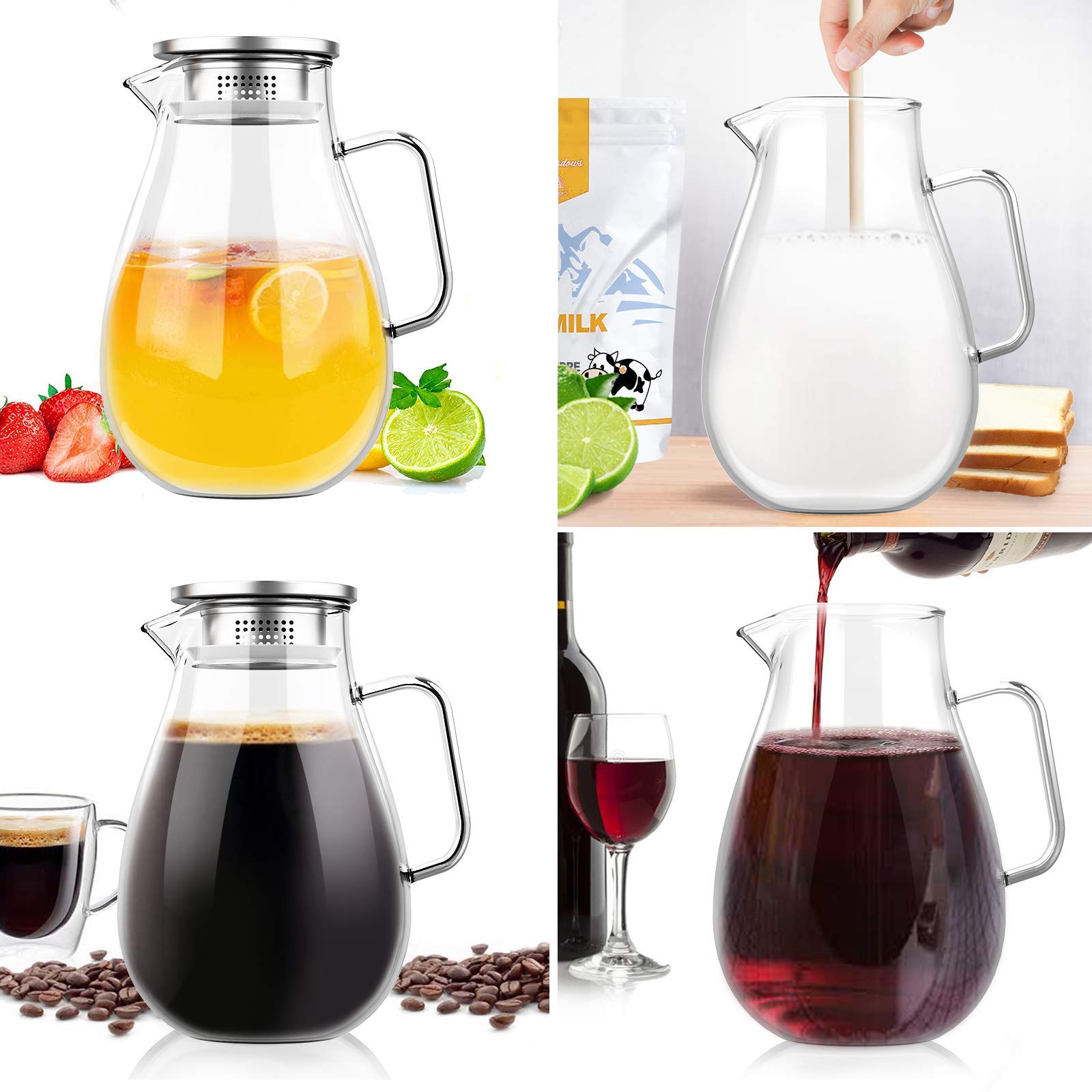 Brocca di Vetro 2 Litros Brocca 2000ml Caraffe da Tavola Brocche con Filtro e Coperchio di Coccio Acqua Ghiacciata Vino Caffè Latte Tè Bottiglia di Succo con Bastoncino e Pennello