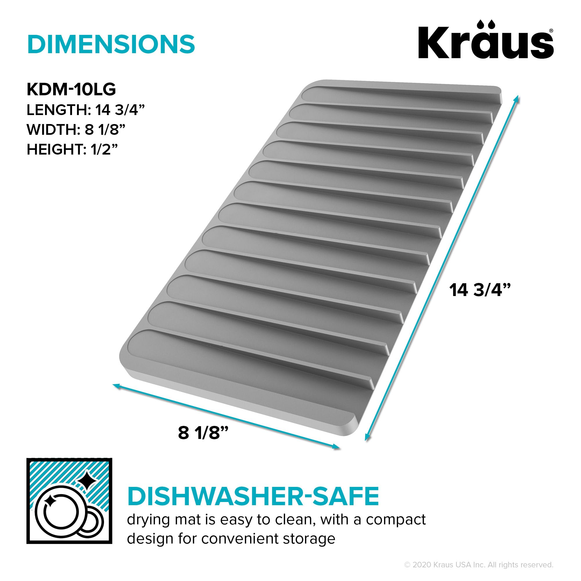 Kraus KDM-10DB Kore Tapis égouttoir à vaisselle ou dessous de plat en silicone auto-drainant pour comptoir de cuisine, bleu foncé